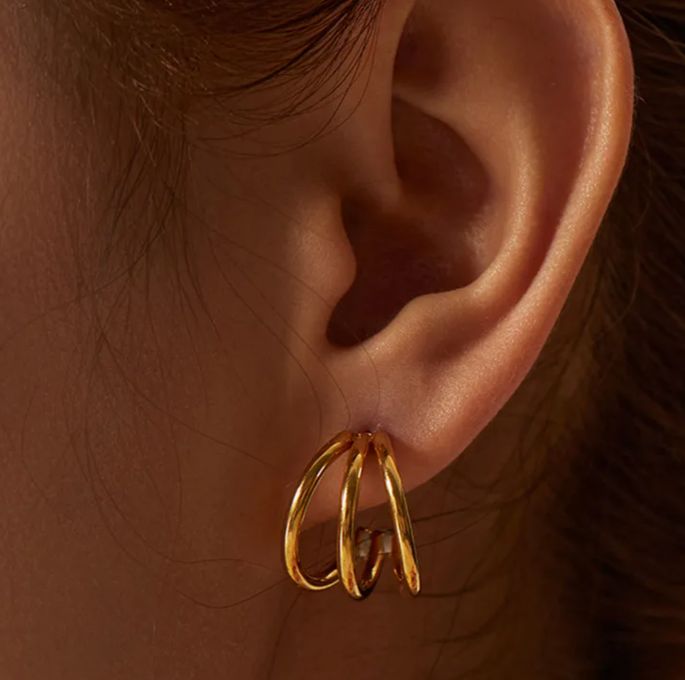 Triple Hoop Earrings PVD Coated Real Gold Plated C Shape 304 Stainless Steel Waterproof Non Tarnish Ear Studs