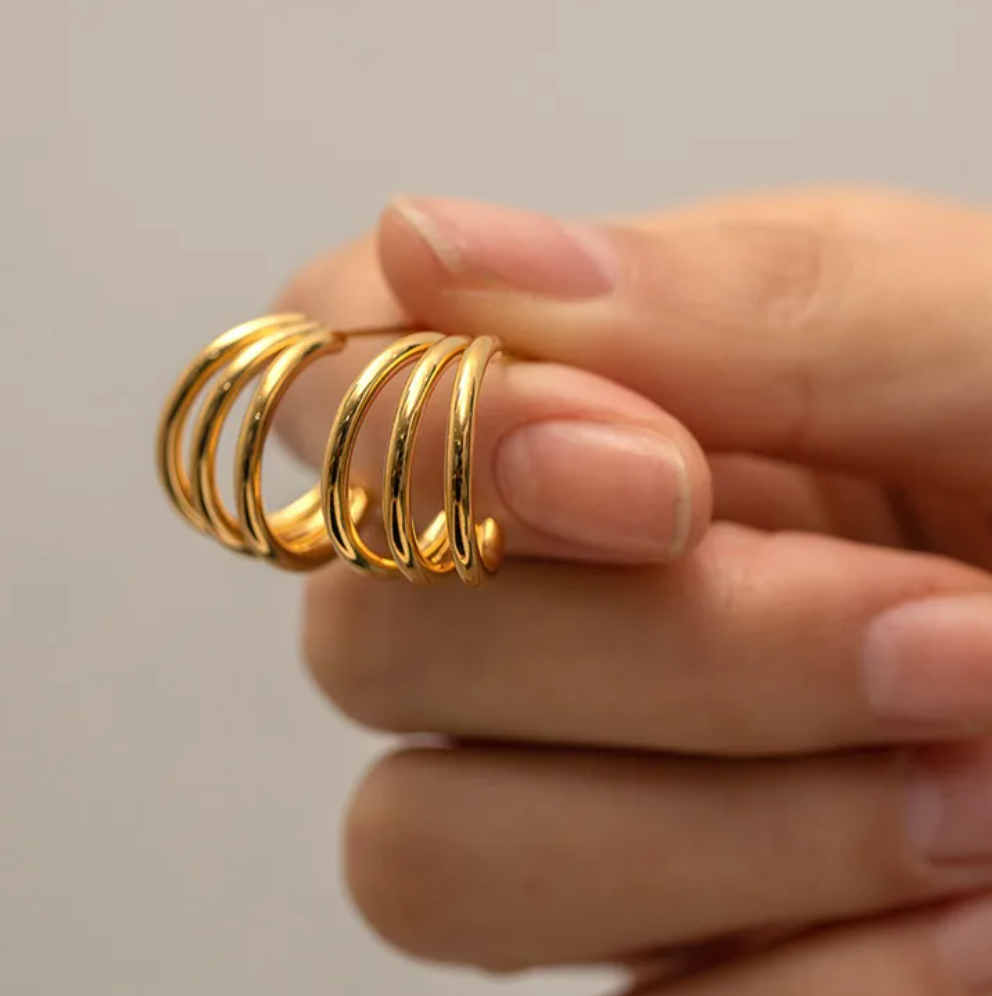 Triple Hoop Earrings PVD Coated Real Gold Plated C Shape 304 Stainless Steel Waterproof Non Tarnish Ear Studs