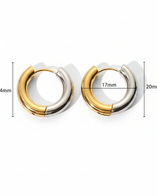 Pair of gold and silver hoop earrings with size measurements on a white background