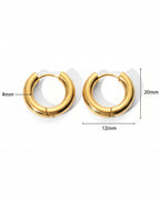 Gold hoop earrings with size measurements on a white background