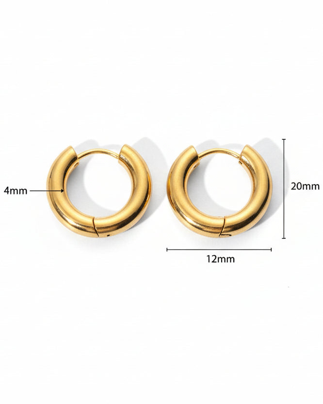 Gold hoop earrings with size measurements on a white background