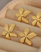 Gold flower-shaped earrings in a jewelry box