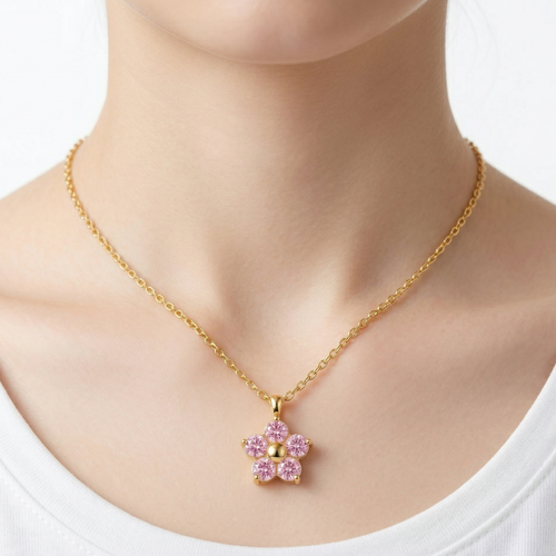 Flower Rhinestone Pendant Necklace — 18K Gold Plated Stainless Steel