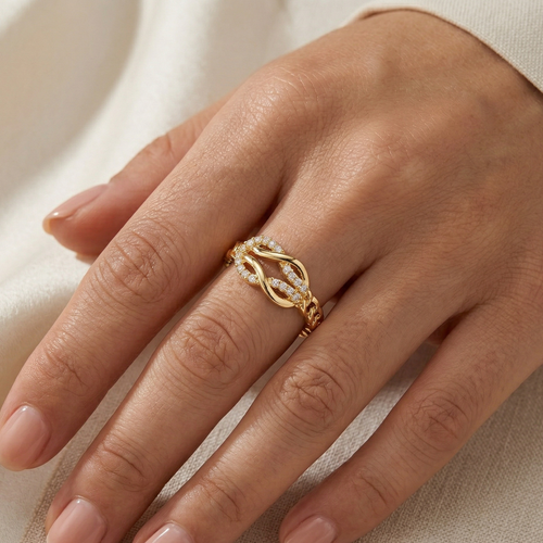 Gold ring on a hand against a neutral background