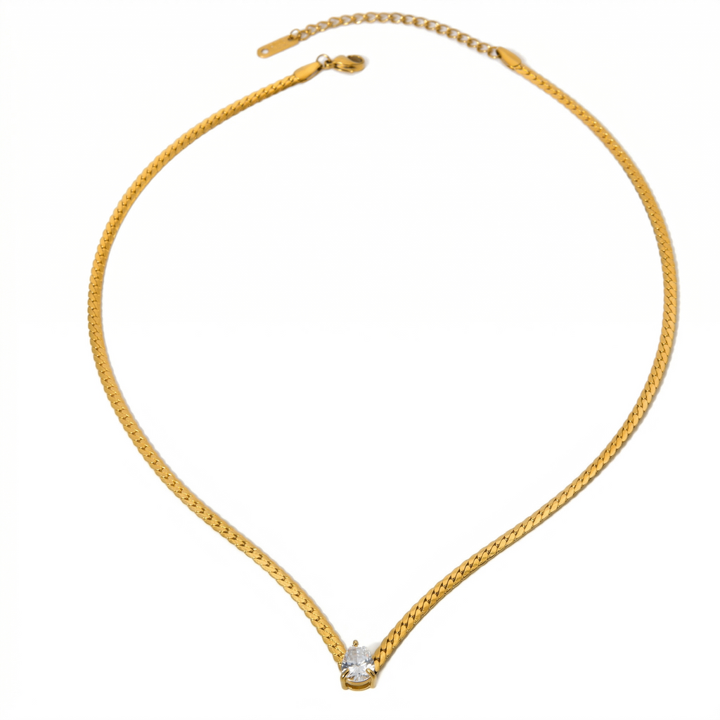 Zircon Flat Snake Chain Necklace Gold Plated Stainless Steel Fashionable Waterdrop Shaped Waterproof