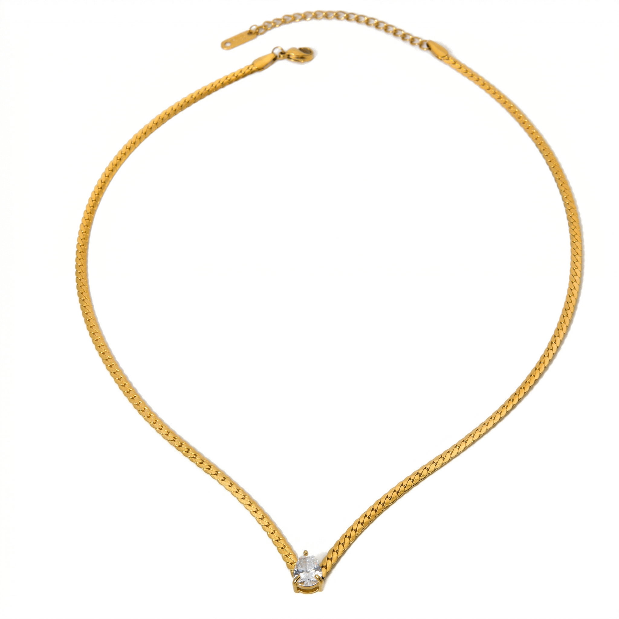 Zircon Flat Snake Chain Necklace Gold Plated Stainless Steel Fashionable Waterdrop Shaped Waterproof